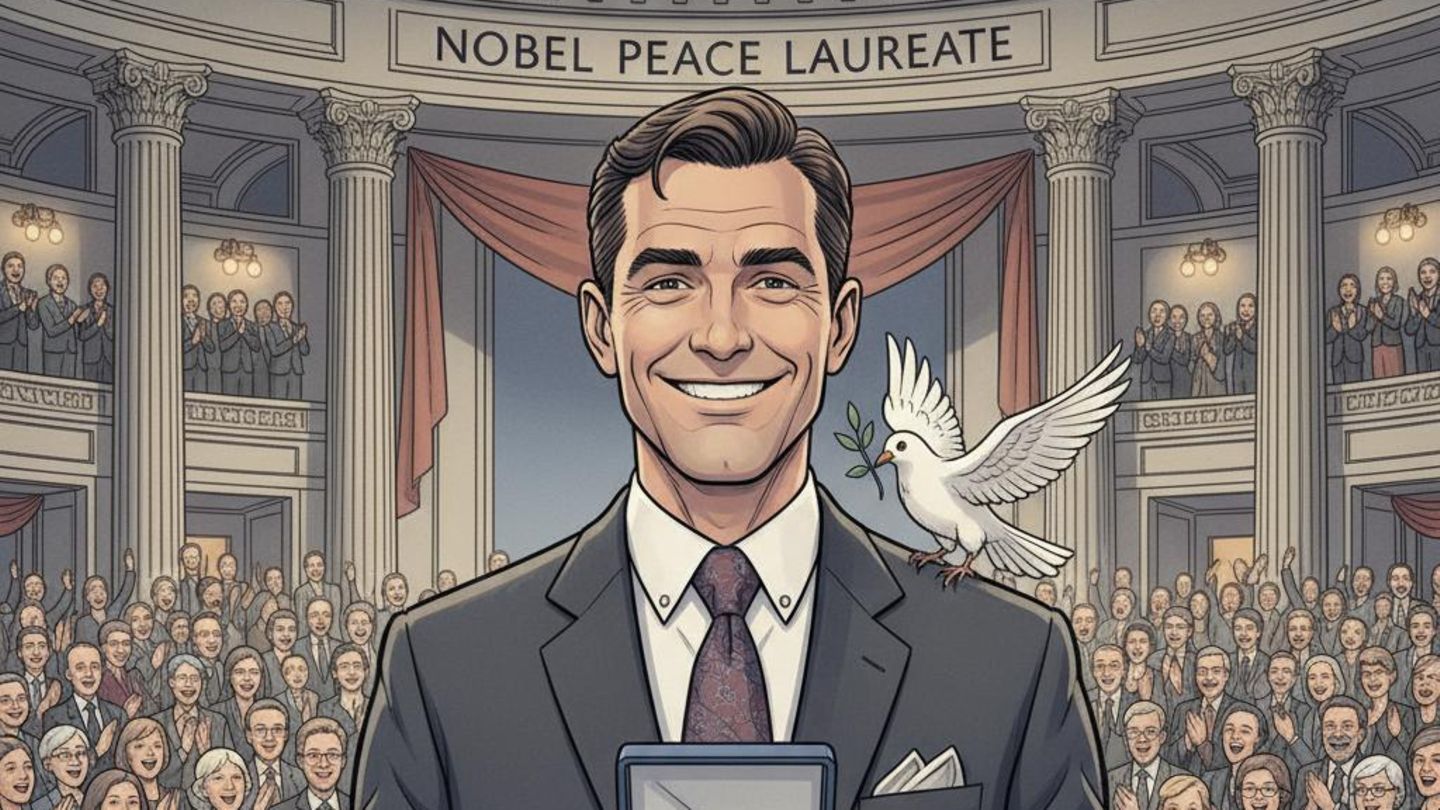 Auf diesem KI-Bild zeigt ein Friedensnobelpreisträger stolz seine Goldmedaille; eine weiße Taube sitzt auf seiner Schulter