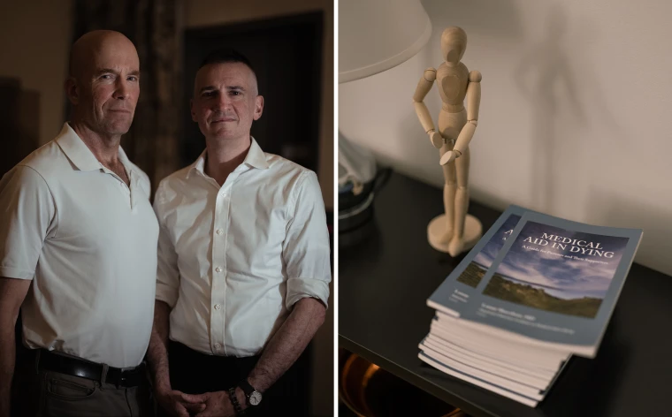 Diptych: left side - two white men in white collard shirts stand for a portrait; right side - a stack of books with the title "Medical Aid in Dying" sit next to a figure of a human used for drawing gesture.