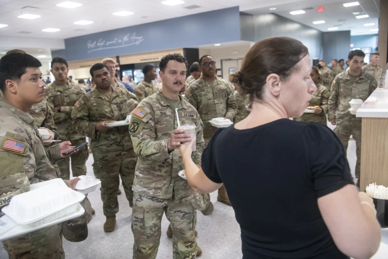 A soldier picks up his smoothie at Belvedere Bistro at Fort Drum, NY, on July 28, 2026.