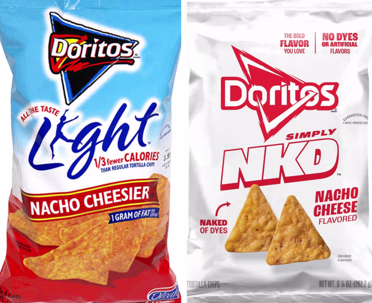 On the left the Doritos packaging in 2005 and on the right side one of its most recent versions, launched in 2025.